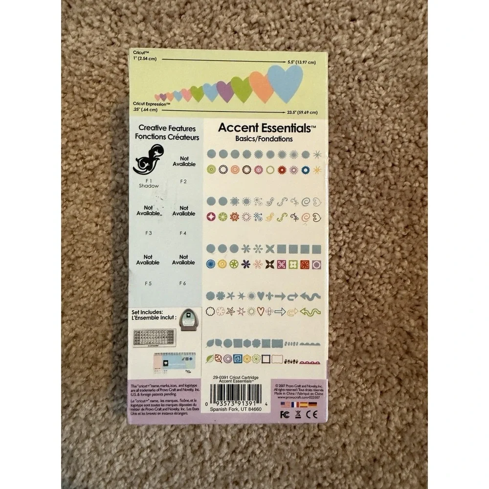 Cricut Accent Essentials Cartridge Complete Box Overlay Handbook 29-0391 Shapes
